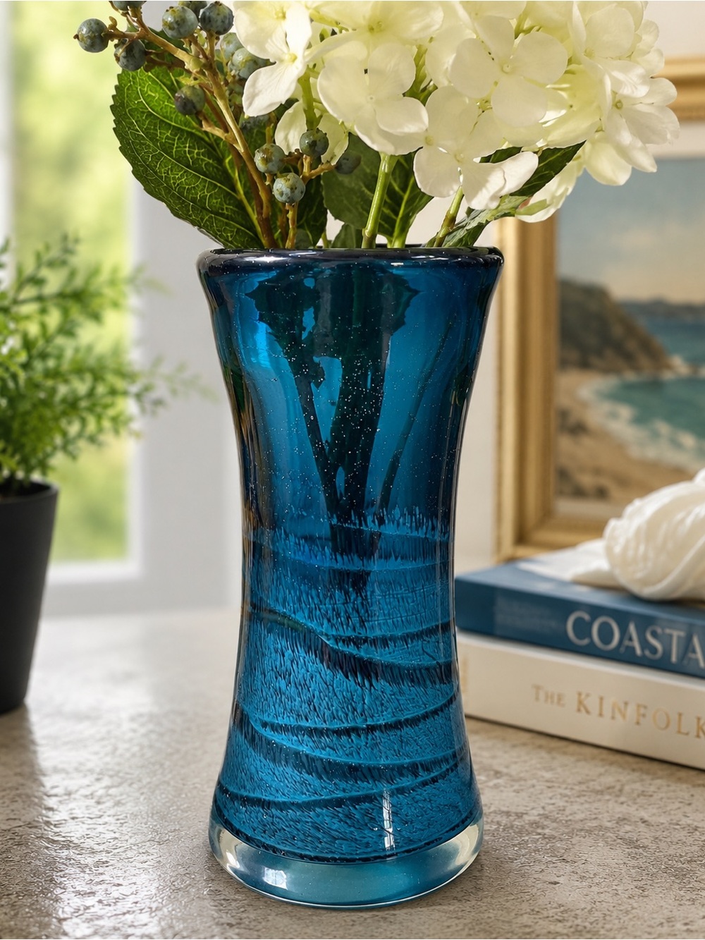 Blue Art Glass Vase Hand Blown Swirl Bubble Glass Decorative Bud Vase